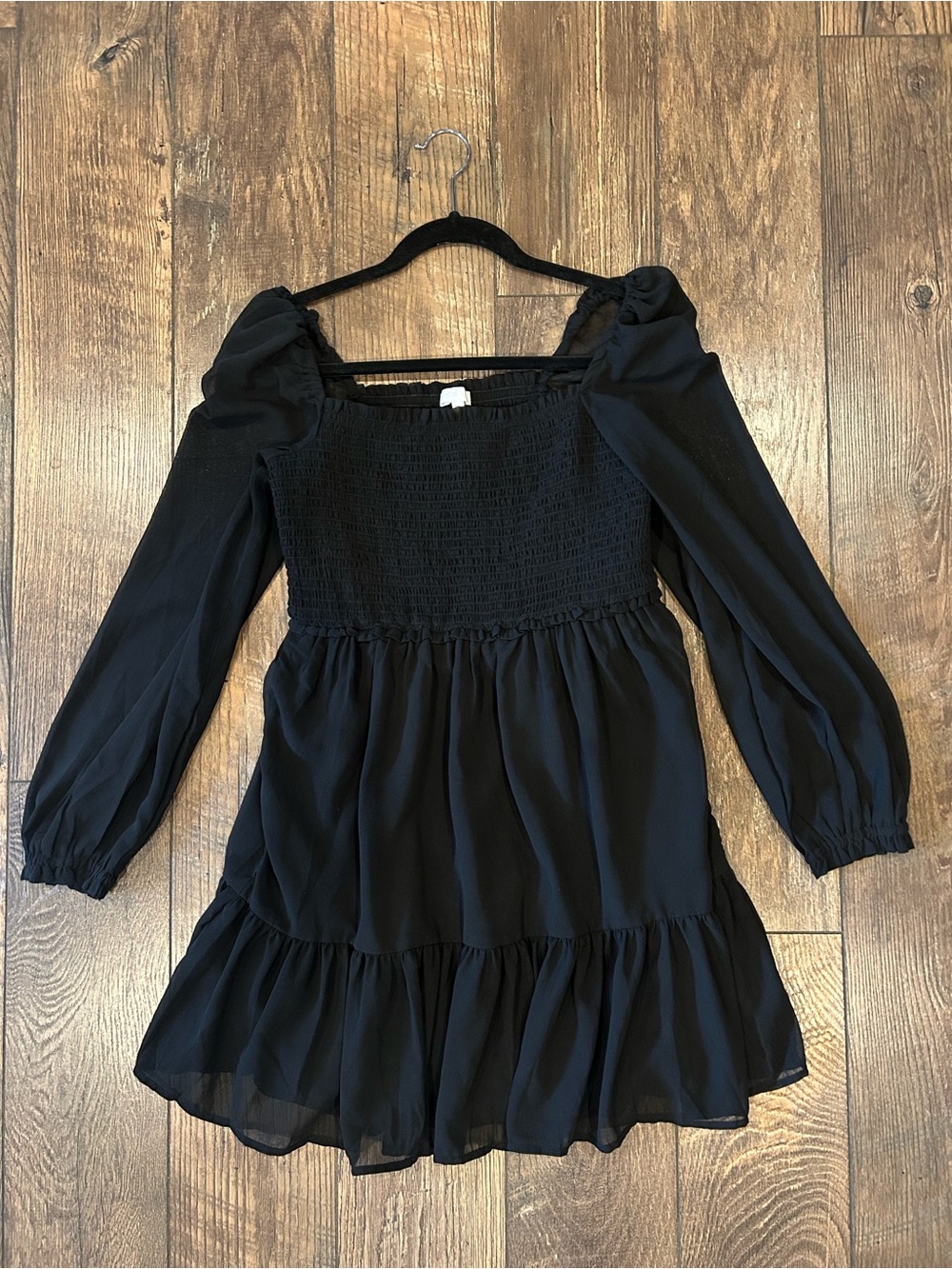 Women’s Black Smocked Bodice Long Sleeve Mini Dress